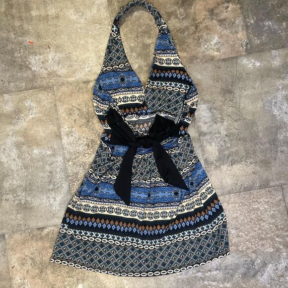 mandee y2k halter top or mini dress with blue and brown early 2000s pattern - Picture 1 of 5